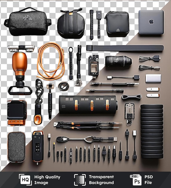 transparent psd picture digital marketing tools and gadgets set a collection of tools and gadgets arranged on a table including a black pen black camera orange cord and black pen