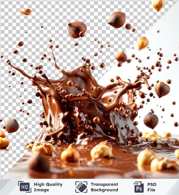 transparent psd picture dynamic chocolate splash with hazelnuts on a table