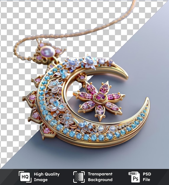 transparent psd picture eid al fitr traditional jewelry featuring a gold necklace and earring complemented by a pink flower displayed on a transparent background