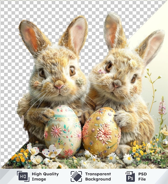 Transparent PSD picture of fantasy Easter bunnies on white wall with flowers showcasing pink nose