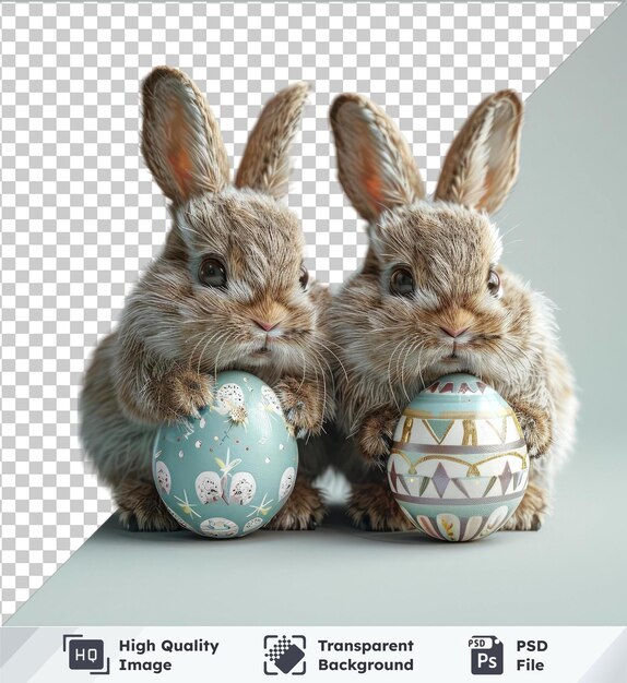 Transparent PSD picture of fantasy Easter bunnies with decorated eggs pink noses black eyes and