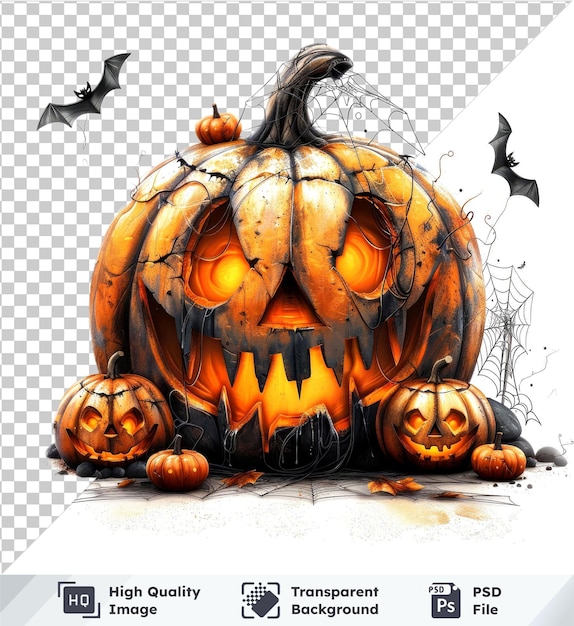 Transparent PSD picture featuring Halloween pumpkins and bats on transparent background