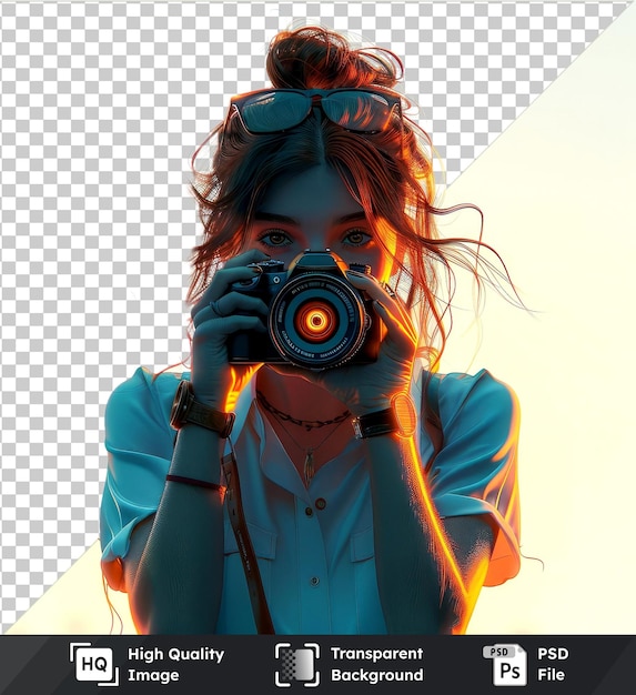 PSD transparent psd picture of a girl with a black camera blue shirt silver necklace under a sunset sky