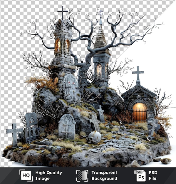 Transparent PSD picture of a gloomy Halloween cemetery