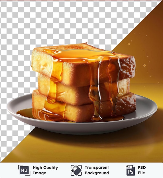 transparent psd picture golden honey toast on a white plate placed on a yellow table with a black shadow in the background