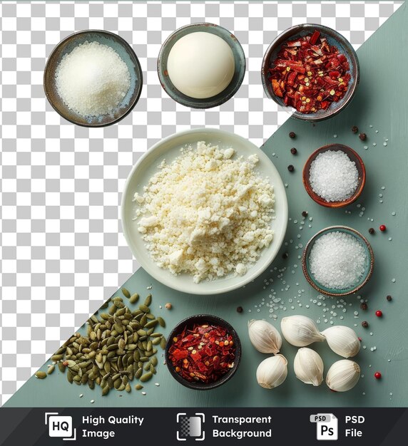 PSD transparent psd picture gourmet asian cooking ingredients set on a blue table featuring a variety of bowls in brown red and white as well as a white garlic