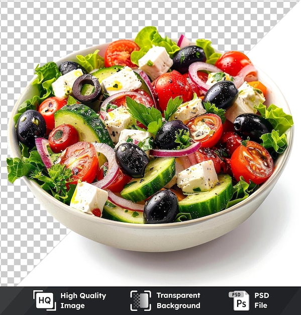 PSD transparent psd picture of greek salad with red onions cucumber white cheese and shadow