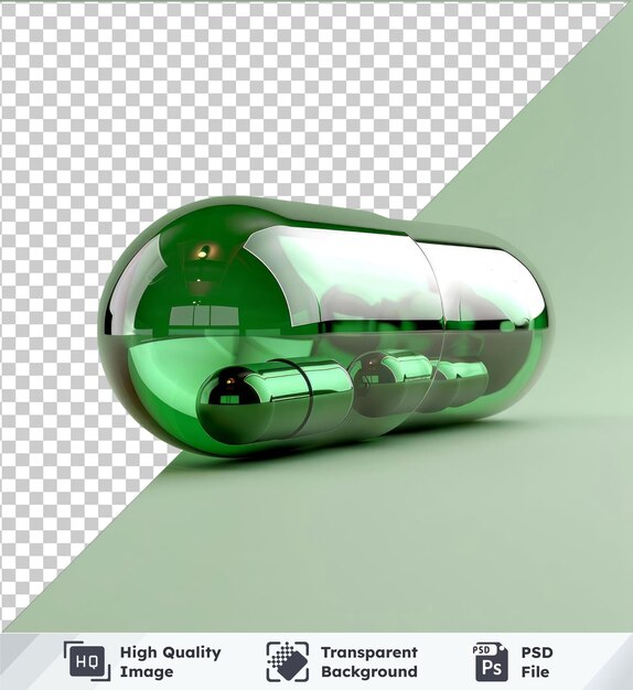 Transparent PSD picture of green medicaticapsule mockup on a green background with shadows light