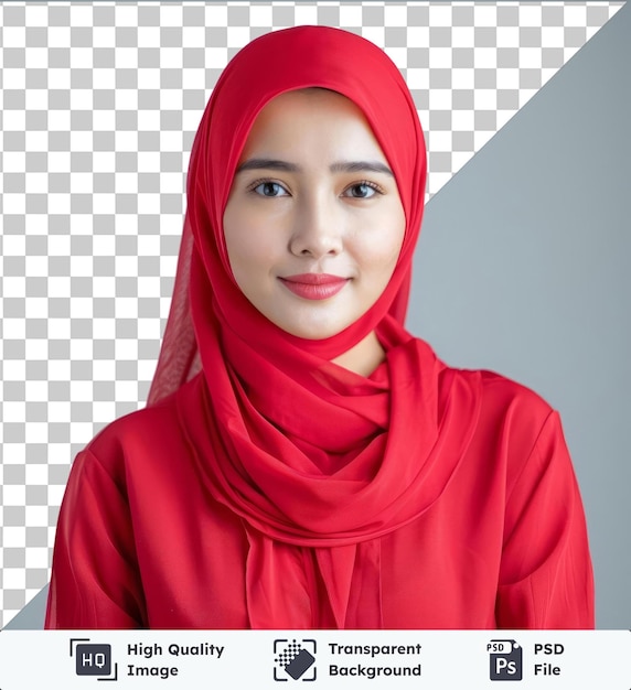 transparent psd picture half body shot of beautiful lady women in hijab modest fashion style malay traditional concept women in red top and scarf