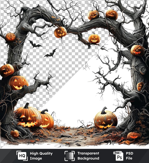 PSD transparent psd picture of halloween forest with pumpkins bats tree and white sky