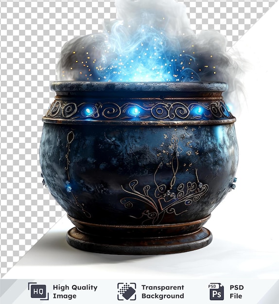 Transparent PSD picture of a Halloween witch39s cauldron with blue light and whimsical touch on