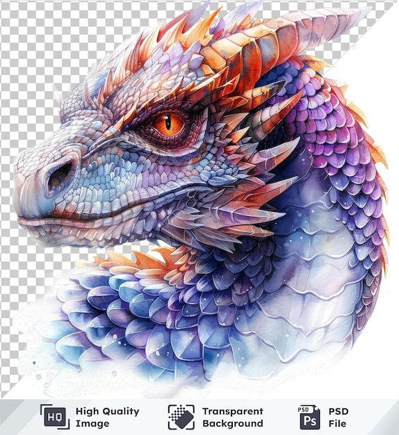 Transparent PSD picture of handdrawn watercolor dragon head isolated on background