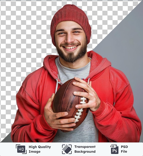 transparent psd picture handsome young football player man holding a brown football in his hands