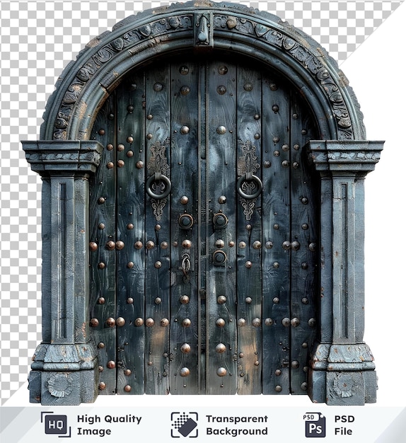 Transparent PSD picture Heavy medieval door with metal studs and a large knocker set isolated on