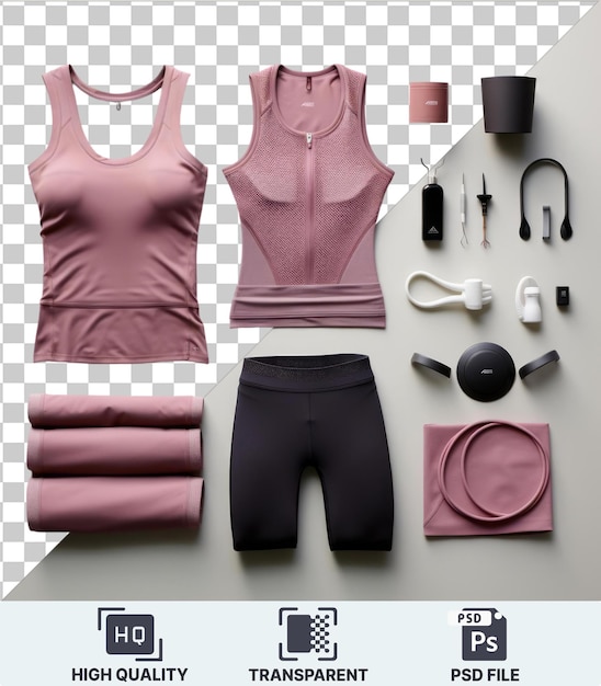 transparent psd picture high performance athletic wear set featuring a pink shirt black shorts and a pink bag displayed against a white wall