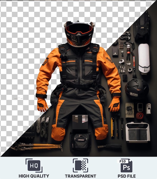 transparent psd picture high performance racing gear and equipment set featuring a black helmet orange glove and silver and black watch displayed against a black wall