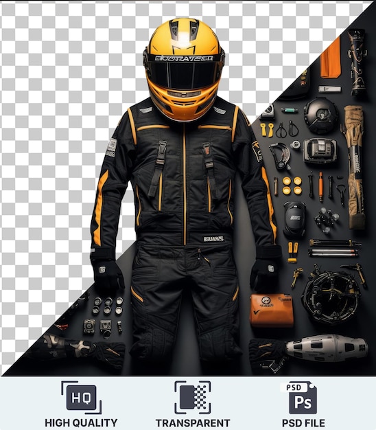 transparent psd picture high performance racing gear and equipment set featuring a yellow helmet black jacket and black gun