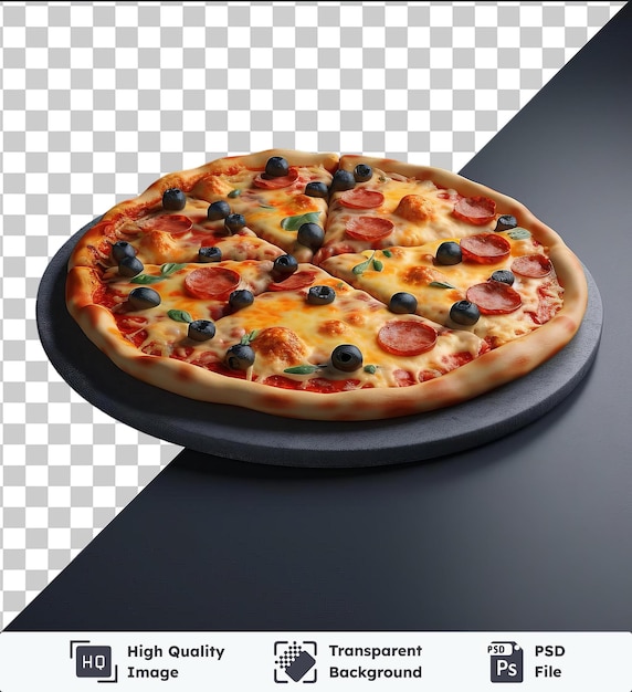 transparent psd picture hot pizza with black olives and red pepperoni on black table