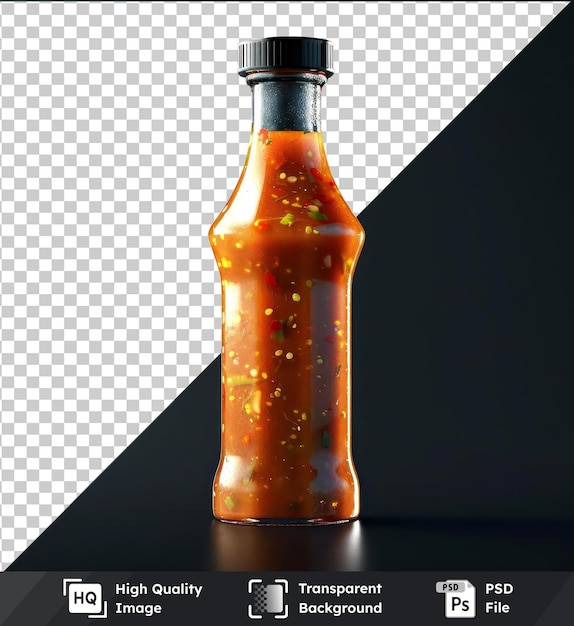 transparent psd picture hot sauce bottle on black table with shiny reflection