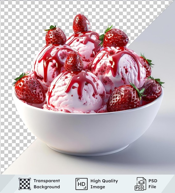 PSD transparent psd picture of ice cream scoops with strawberry syrup isolated