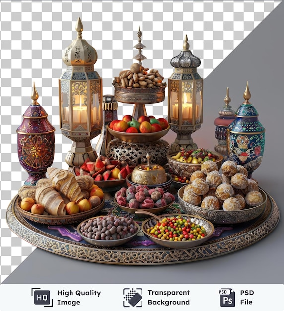 transparent psd picture iftar table centerpiece for ramadan featuring a variety of colorful fruits and bowls against a gray and white wall