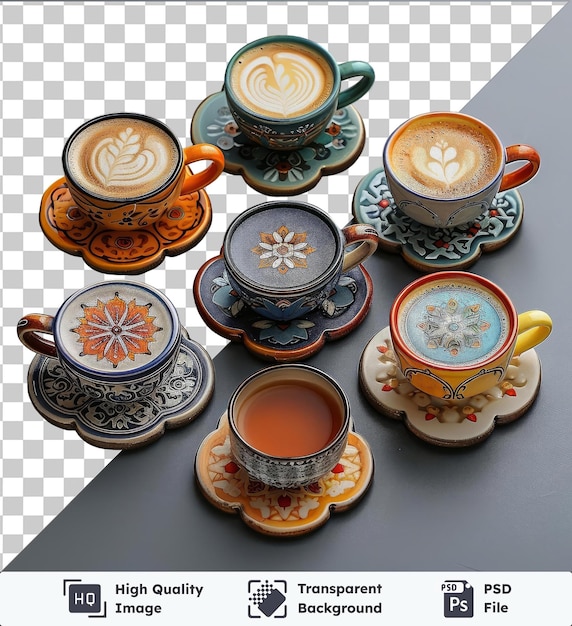 transparent psd picture islamic themed coaster set for ramadan featuring a variety of cups and saucers including blue white orange and blue and white cups as well as