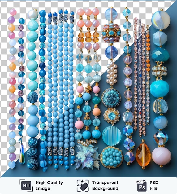 PSD transparent psd picture jewelry crafting and beading set displayed on a blue table featuring a variety of necklaces in silver gold and blue as well as a blue ball