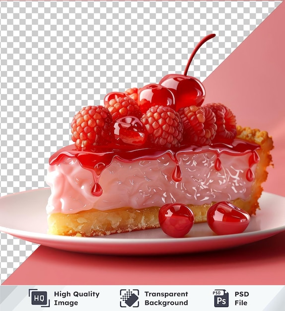 Transparent PSD picture of lemmeringue pie with raspberries and cherries on a white plate pink