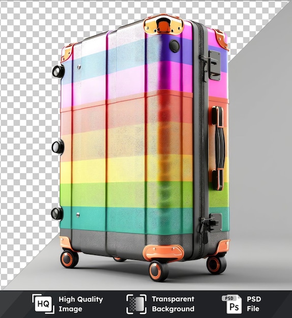 Transparent PSD picture of LGBT flag suitcase mockup with black and orange wheels against white