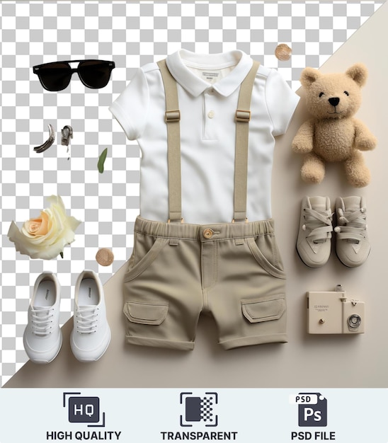 transparent psd picture luxury baby clothing and essentials set featuring a white shirt tan and khaki shorts and white shoes complemented by a white rose and black sunglasses