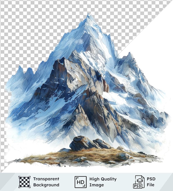 Transparent PSD picture of a majestic mountain landscape with gray rock brown grass and white sky