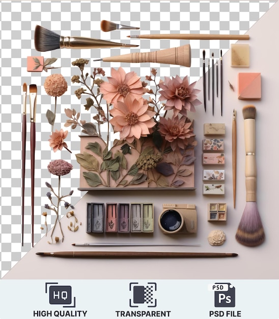 transparent psd picture miniature painting and accessories set a collection of pink and brown flowers a small brush and a white wall in the background