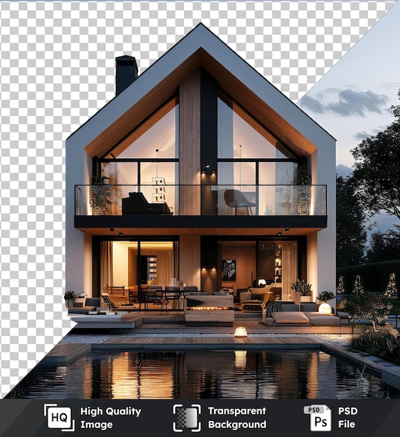 transparent psd picture mockup of a house surrounded by lush green trees and a clear blue sky with a white chair and black chimney in the foreground