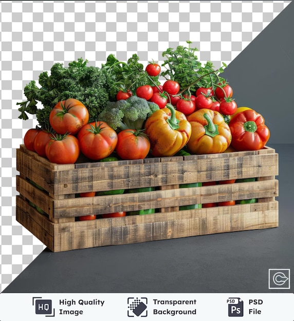 PSD transparent psd picture mockup of a wooden box full of fresh vegetables including red tomatoes green broccoli and a red pepper placed against a gray wall