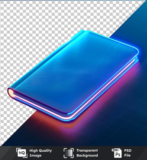 transparent psd picture notebook illuminated by a blue light on a blue table