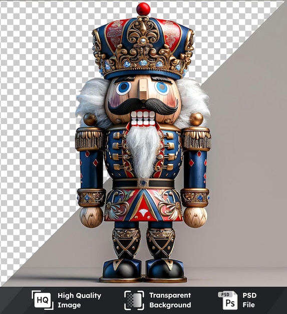 Transparent psd picture of a nutcracker with gold crown and blue arm against a gray and white wall