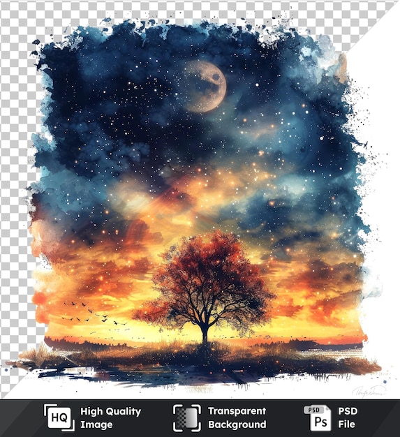 PSD transparent psd picture peaceful watercolor art autumn night in calm colors of the sky