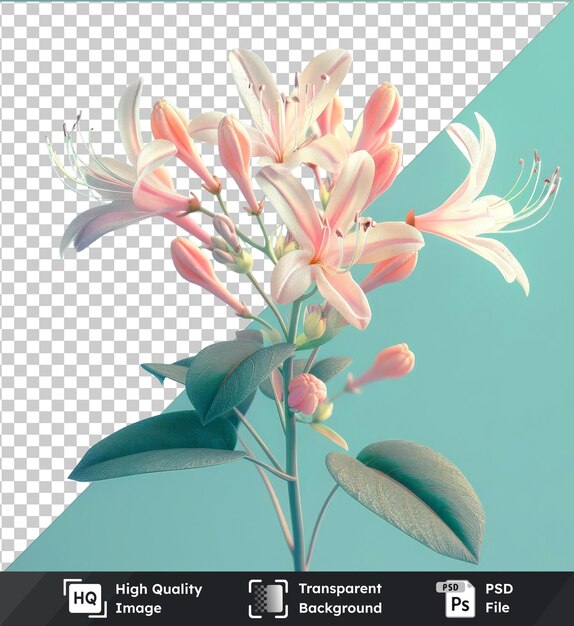 Transparent psd picture of pink and white honeysuckle flowers under clear blue sky