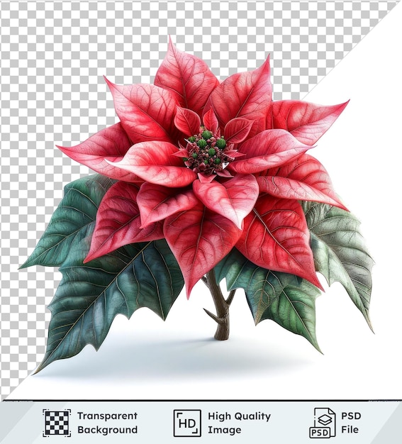 Transparent PSD picture of poinsettia plant with green leaves and red flower on transparent