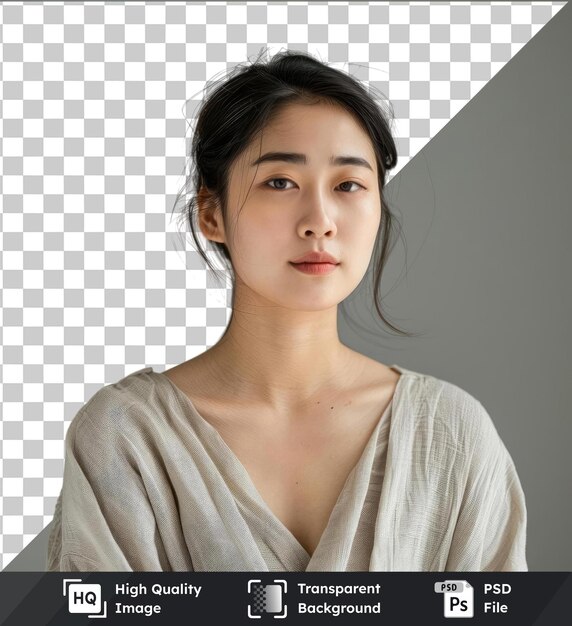 transparent psd picture portrait of young asian woman posing in front of a gray and white wall featuring her brown eyes small nose black and brown eyebrows and small ear