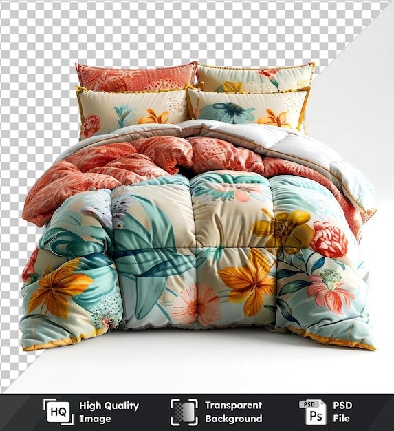 PSD transparent psd picture of quilted comforter set in soft pastel hues isolated on transparent