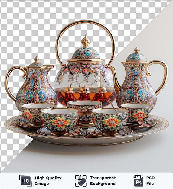 transparent psd picture ramadan traditional tea set featuring a teapot tea cups and saucers with gold and glass handles placed on a transparent background against a white wall