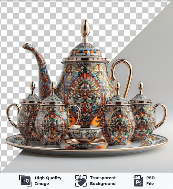 transparent psd picture ramadan traditional tea set featuring a teapot tea cups and saucers with gold and silver handles placed on a transparent background against a gray and white wall