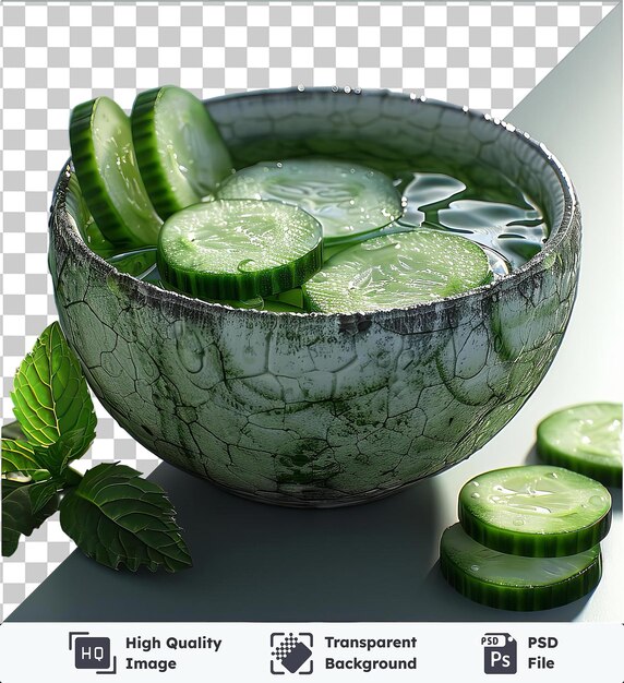 transparent psd picture refreshing cucumber gazpacho served in a bowl on a transparent background accompanied by sliced cucumbers and a green leaf