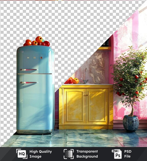 Transparent psd picture of refrigerator amid bottles and plant on pink wall and tiled floor