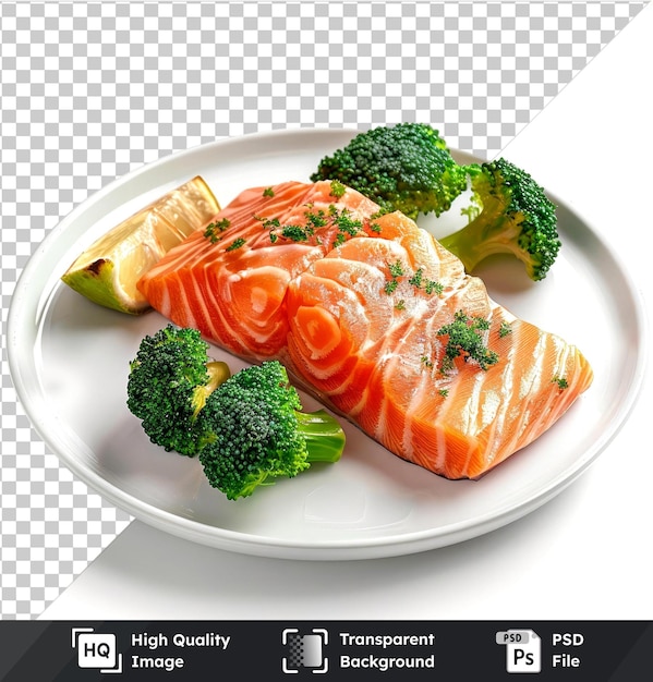 PSD transparent psd picture salmon steak with broccoli on a plate isolated on a transparent background