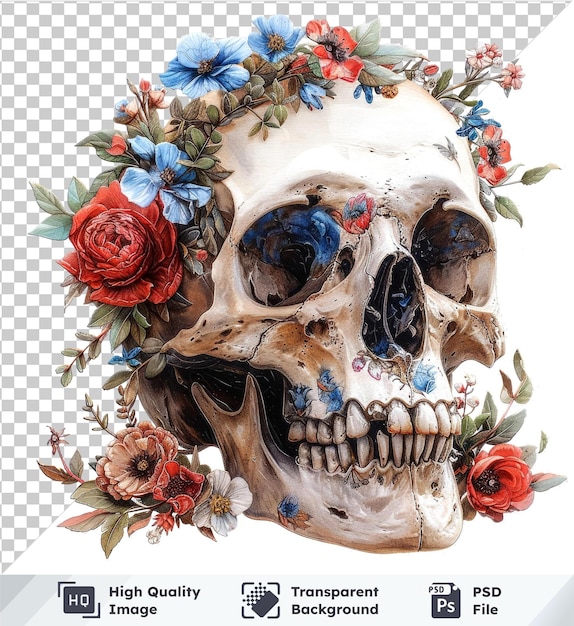 transparent psd picture skull with floral wreath on isolated background watercolor illustration