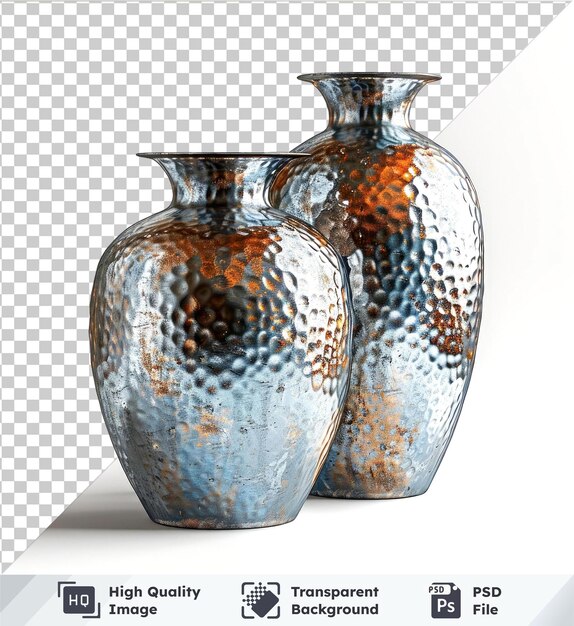 Transparent PSD picture of a sleek metallic vase with a hammered finish set isolated on a