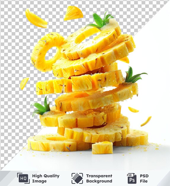 transparent psd picture sliced pineapple rings and pieces isolated on transparent background