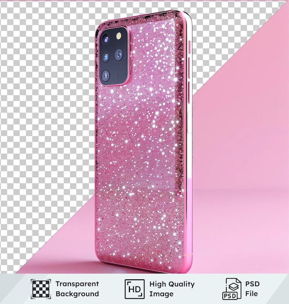 Transparent psd picture of smartphone with black camera on glittery pink background